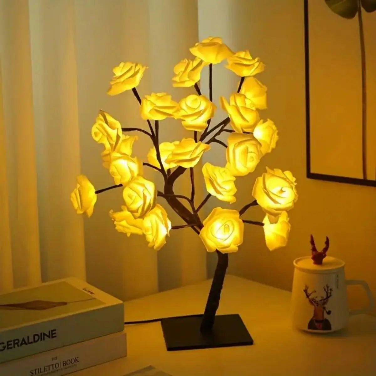 LED Rose Tree Lamp - USB Powered Night Light with Pink Roses for Bedroom Decor