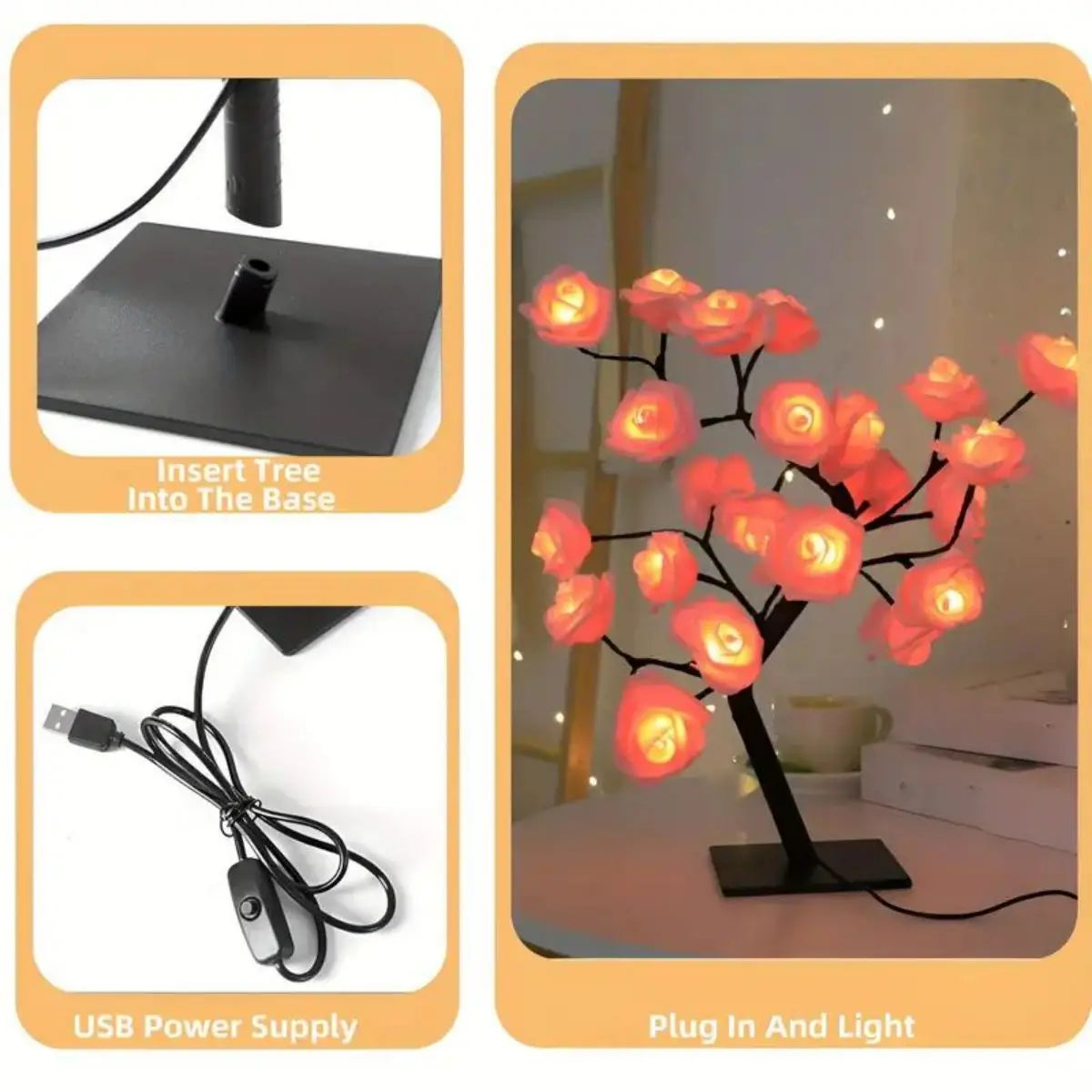 LED Rose Tree Lamp - USB Powered Night Light with Pink Roses for Bedroom Decor